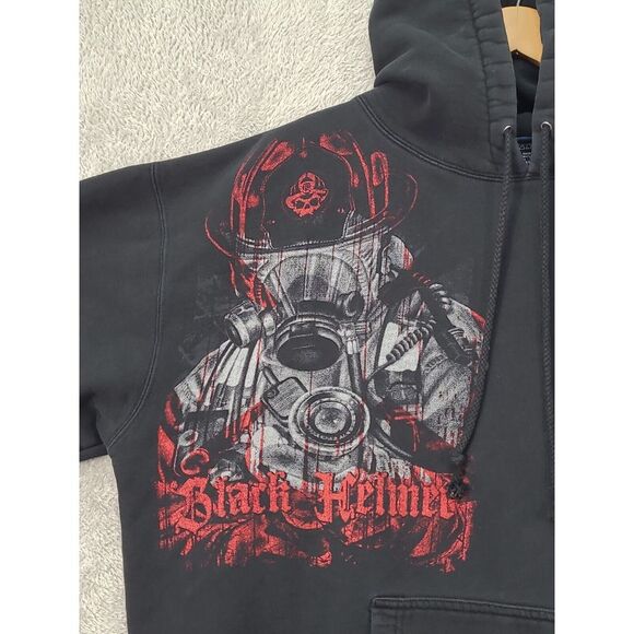 Y2K Black Helmet Mens Hooded Sweatshirt Sz XL Firefighter - Picture 2 of 11